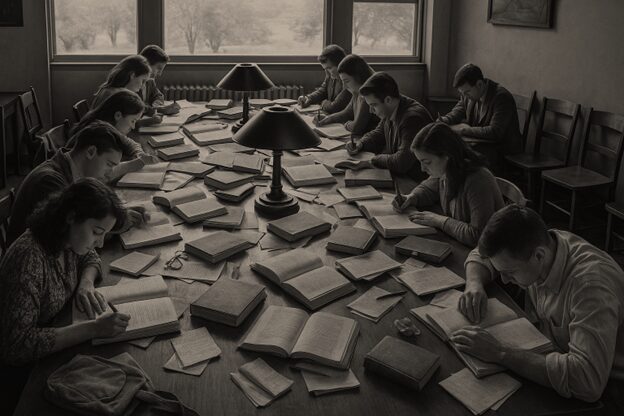 Students sitting together at a long table, studying with books and notes
