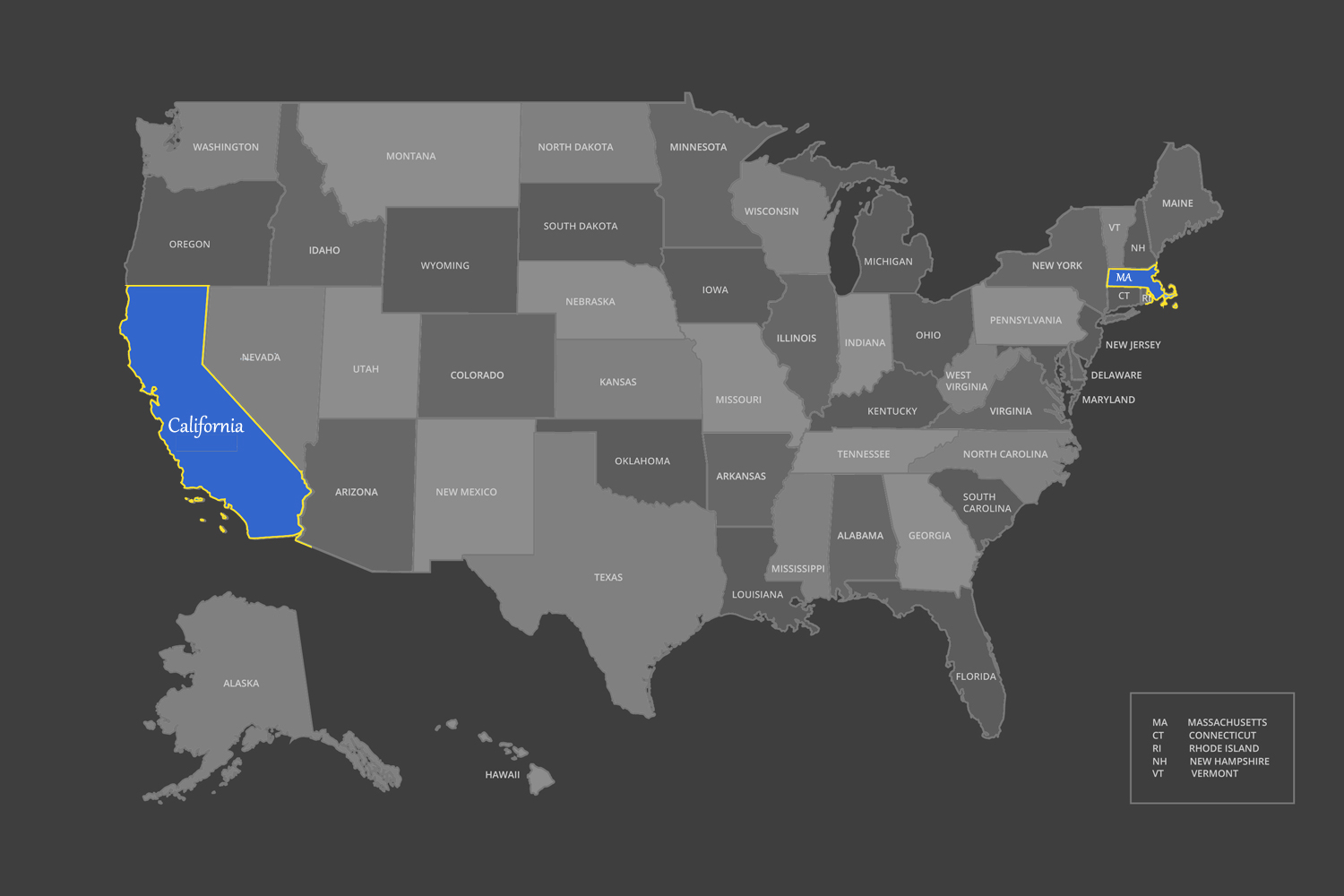 Map highlighting California and Massachusetts as licensed practice locations